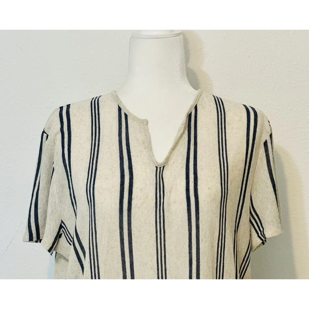 ZARA Women Size L  Stripe Short Sleeve Linen Blend Top Lagenlook Italian Fabric